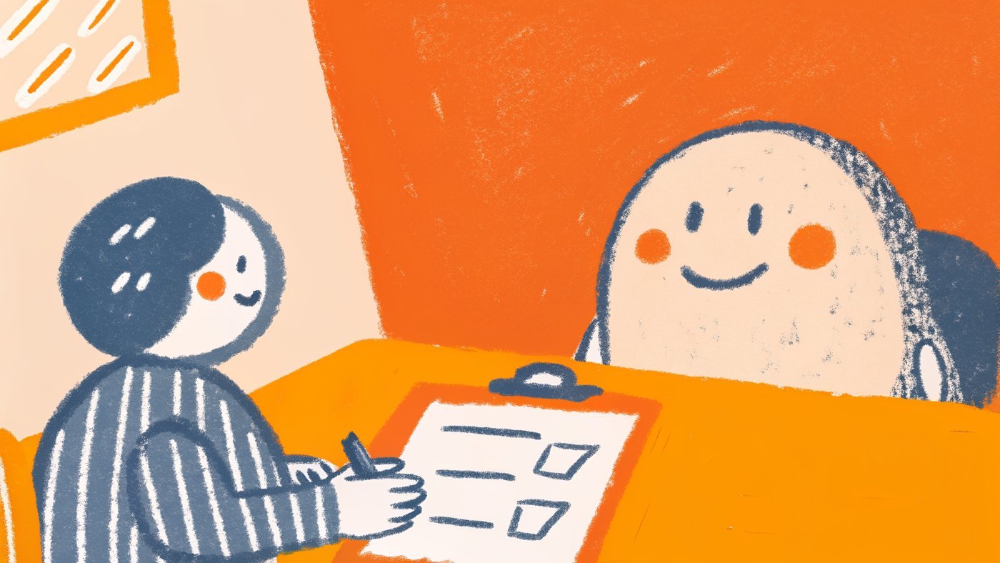 Illustration of a content creator interviewing a friendly AI assistant across a desk with a four-point checklist